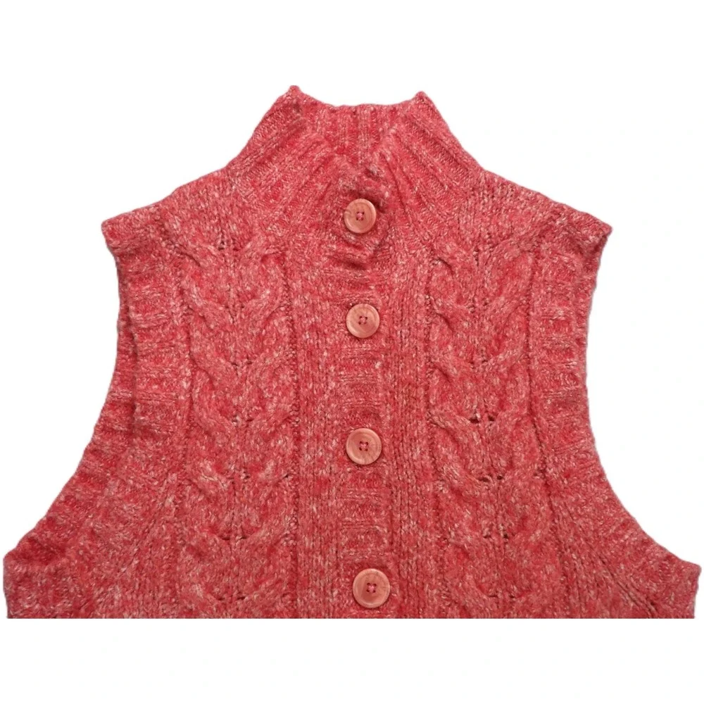 LL Bean Wool Blend Sweater Vest Women S Pink Cable Knit Button Mock Neck Classic